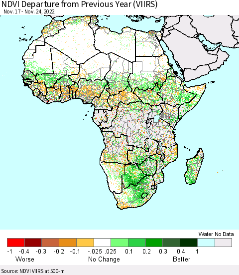 Africa NDVI Departure from Previous Year (VIIRS) Thematic Map For 11/17/2022 - 11/24/2022