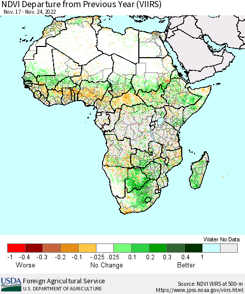Africa NDVI Departure from Previous Year (VIIRS) Thematic Map For 11/21/2022 - 11/30/2022