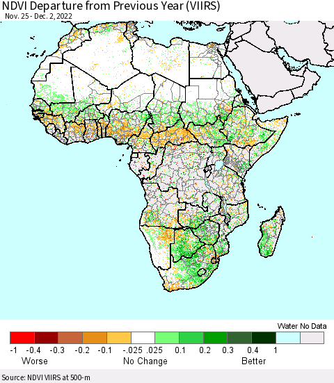 Africa NDVI Departure from Previous Year (VIIRS) Thematic Map For 11/25/2022 - 12/2/2022