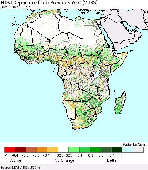Africa NDVI Departure from Previous Year (VIIRS) Thematic Map For 12/1/2022 - 12/10/2022