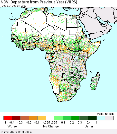Africa NDVI Departure from Previous Year (VIIRS) Thematic Map For 12/11/2022 - 12/18/2022