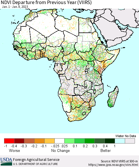 Africa NDVI Departure from Previous Year (VIIRS) Thematic Map For 1/1/2023 - 1/10/2023