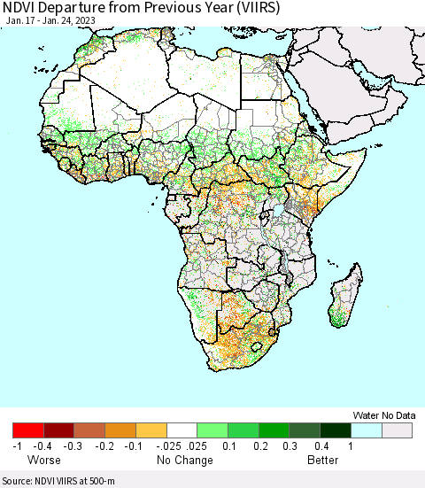 Africa NDVI Departure from Previous Year (VIIRS) Thematic Map For 1/17/2023 - 1/24/2023