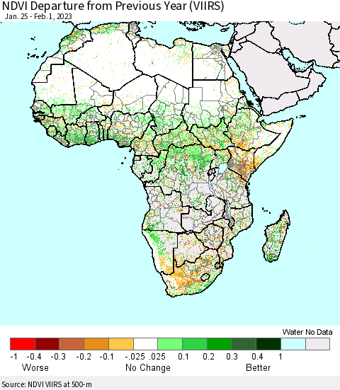 Africa NDVI Departure from Previous Year (VIIRS) Thematic Map For 1/25/2023 - 2/1/2023