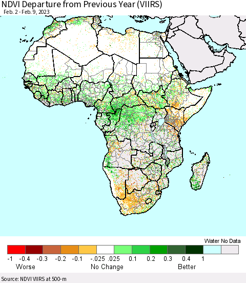 Africa NDVI Departure from Previous Year (VIIRS) Thematic Map For 2/2/2023 - 2/9/2023