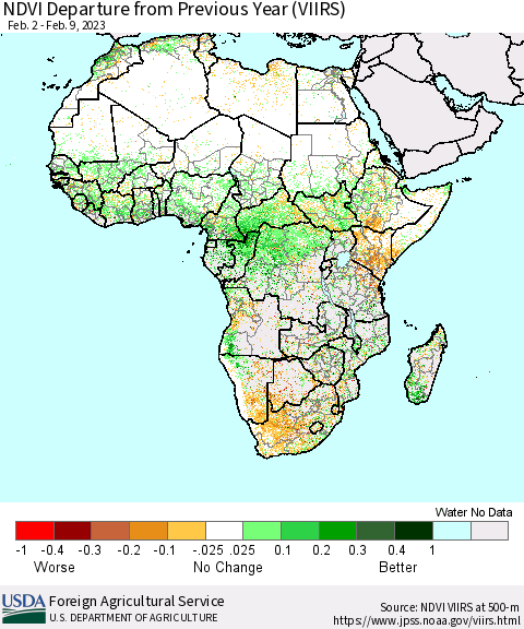 Africa NDVI Departure from Previous Year (VIIRS) Thematic Map For 2/1/2023 - 2/10/2023