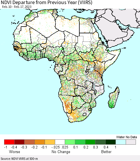 Africa NDVI Departure from Previous Year (VIIRS) Thematic Map For 2/10/2023 - 2/17/2023