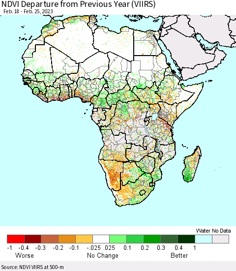 Africa NDVI Departure from Previous Year (VIIRS) Thematic Map For 2/18/2023 - 2/25/2023