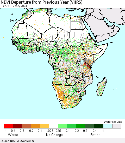 Africa NDVI Departure from Previous Year (VIIRS) Thematic Map For 2/26/2023 - 3/5/2023