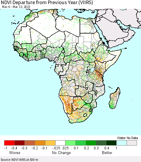 Africa NDVI Departure from Previous Year (VIIRS) Thematic Map For 3/6/2023 - 3/13/2023