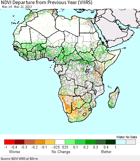Africa NDVI Departure from Previous Year (VIIRS) Thematic Map For 3/14/2023 - 3/21/2023