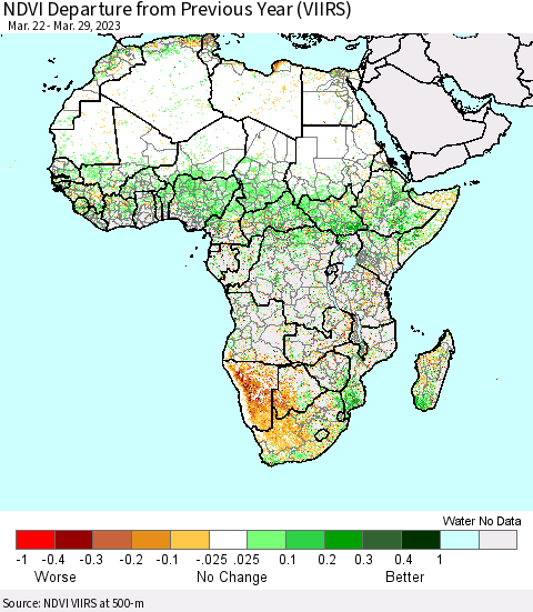 Africa NDVI Departure from Previous Year (VIIRS) Thematic Map For 3/22/2023 - 3/29/2023
