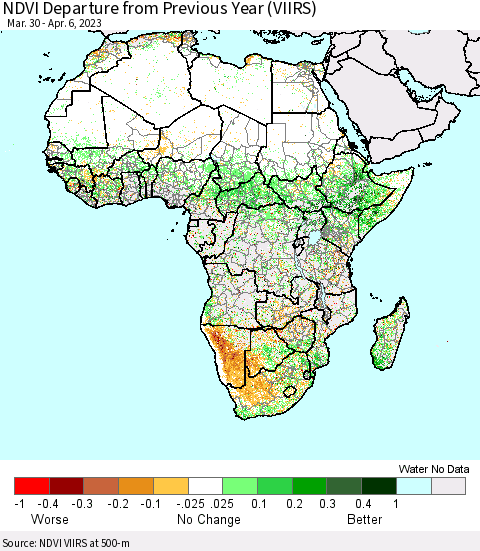 Africa NDVI Departure from Previous Year (VIIRS) Thematic Map For 3/30/2023 - 4/6/2023
