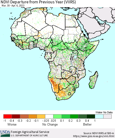 Africa NDVI Departure from Previous Year (VIIRS) Thematic Map For 4/1/2023 - 4/10/2023