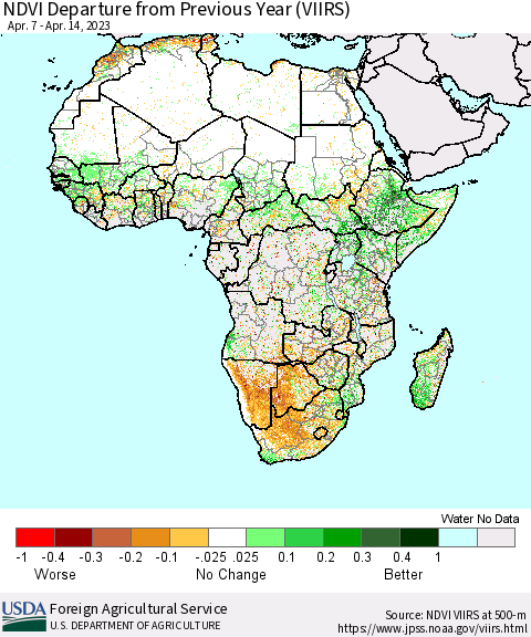 Africa NDVI Departure from Previous Year (VIIRS) Thematic Map For 4/11/2023 - 4/20/2023