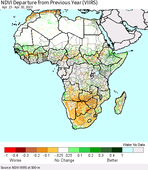 Africa NDVI Departure from Previous Year (VIIRS) Thematic Map For 4/21/2023 - 4/30/2023