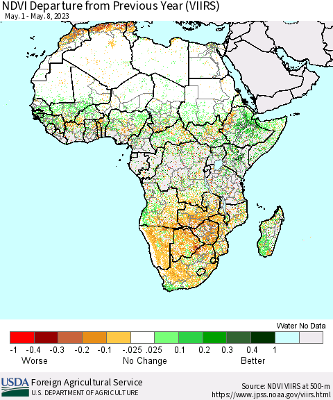 Africa NDVI Departure from Previous Year (VIIRS) Thematic Map For 5/1/2023 - 5/10/2023