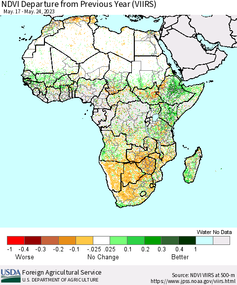 Africa NDVI Departure from Previous Year (VIIRS) Thematic Map For 5/21/2023 - 5/31/2023