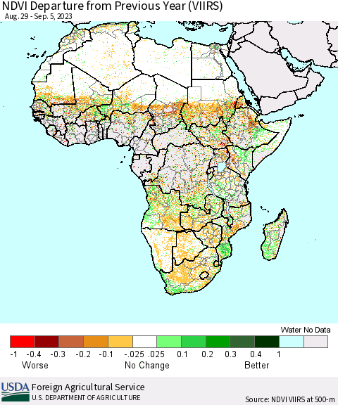 Africa NDVI Departure from Previous Year (VIIRS) Thematic Map For 9/1/2023 - 9/10/2023