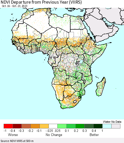 Africa NDVI Departure from Previous Year (VIIRS) Thematic Map For 10/16/2023 - 10/23/2023