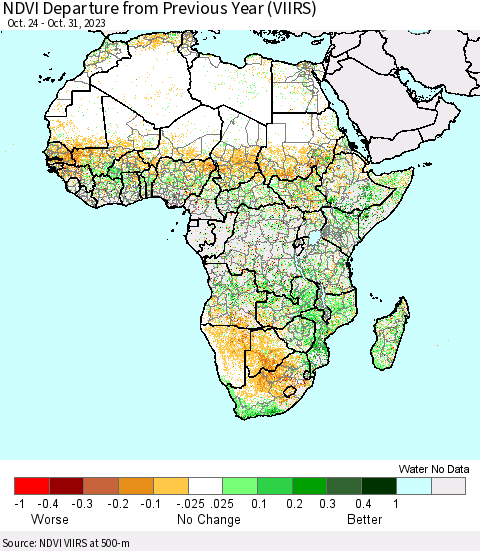 Africa NDVI Departure from Previous Year (VIIRS) Thematic Map For 10/24/2023 - 10/31/2023