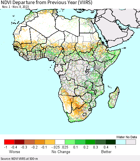 Africa NDVI Departure from Previous Year (VIIRS) Thematic Map For 11/1/2023 - 11/8/2023