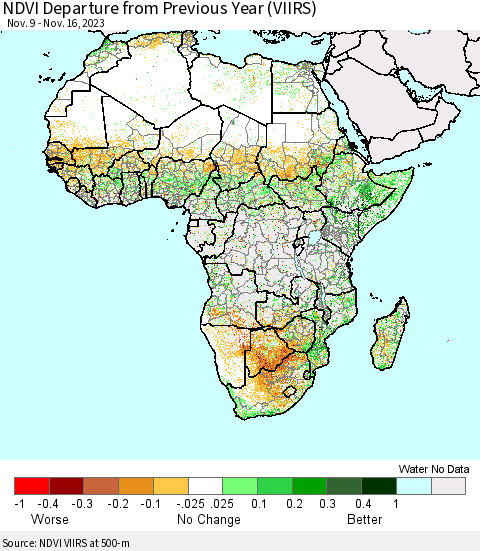 Africa NDVI Departure from Previous Year (VIIRS) Thematic Map For 11/9/2023 - 11/16/2023