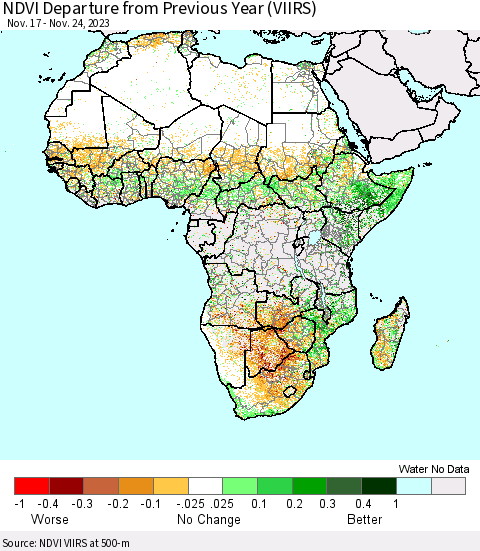Africa NDVI Departure from Previous Year (VIIRS) Thematic Map For 11/17/2023 - 11/24/2023