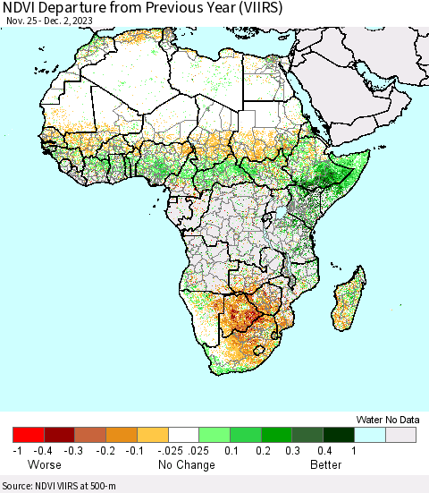 Africa NDVI Departure from Previous Year (VIIRS) Thematic Map For 11/25/2023 - 12/2/2023