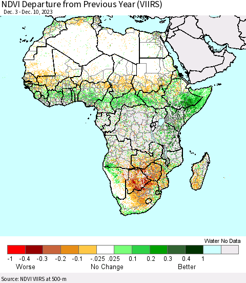 Africa NDVI Departure from Previous Year (VIIRS) Thematic Map For 12/3/2023 - 12/10/2023