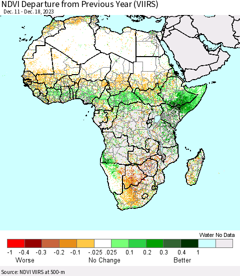 Africa NDVI Departure from Previous Year (VIIRS) Thematic Map For 12/11/2023 - 12/18/2023
