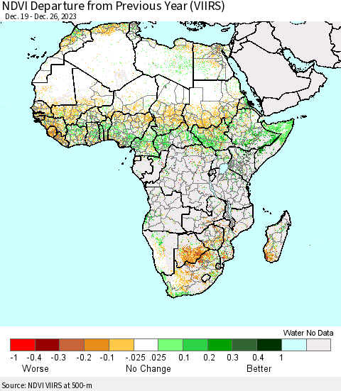 Africa NDVI Departure from Previous Year (VIIRS) Thematic Map For 12/19/2023 - 12/26/2023