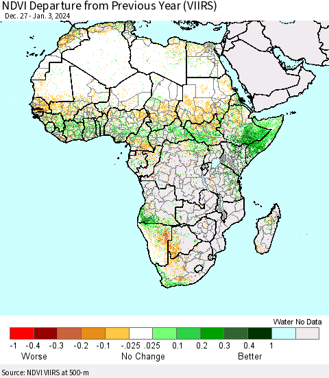 Africa NDVI Departure from Previous Year (VIIRS) Thematic Map For 12/27/2023 - 1/3/2024