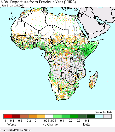 Africa NDVI Departure from Previous Year (VIIRS) Thematic Map For 1/9/2024 - 1/16/2024