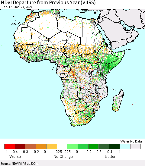 Africa NDVI Departure from Previous Year (VIIRS) Thematic Map For 1/17/2024 - 1/24/2024