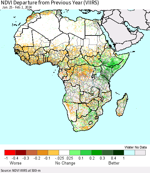 Africa NDVI Departure from Previous Year (VIIRS) Thematic Map For 1/25/2024 - 2/1/2024