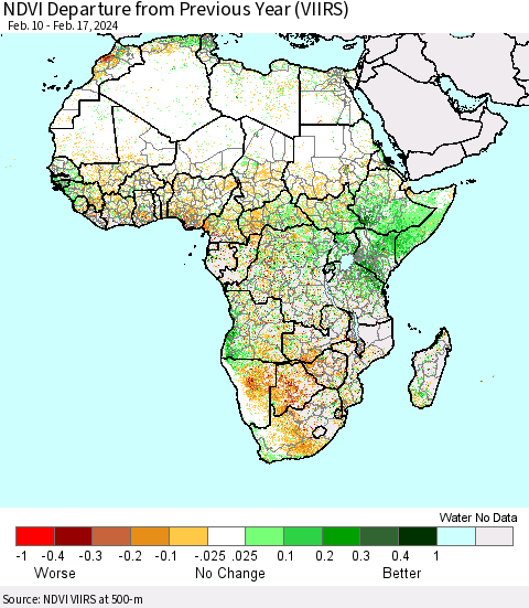 Africa NDVI Departure from Previous Year (VIIRS) Thematic Map For 2/10/2024 - 2/17/2024
