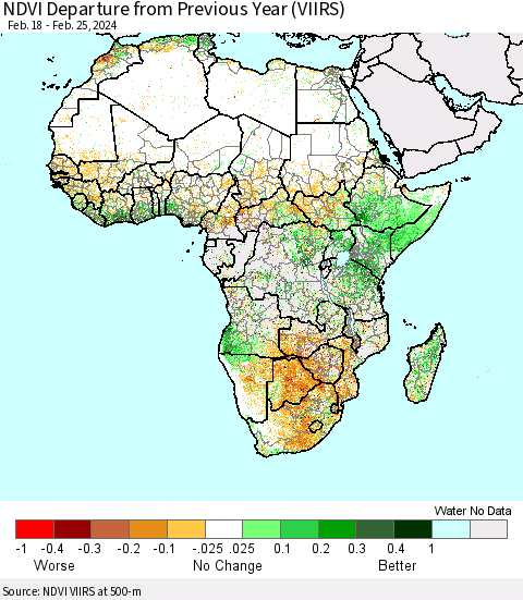 Africa NDVI Departure from Previous Year (VIIRS) Thematic Map For 2/18/2024 - 2/25/2024
