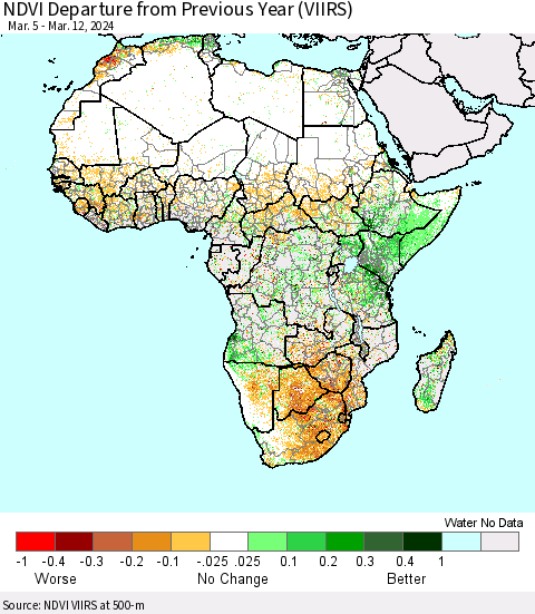 Africa NDVI Departure from Previous Year (VIIRS) Thematic Map For 3/5/2024 - 3/12/2024