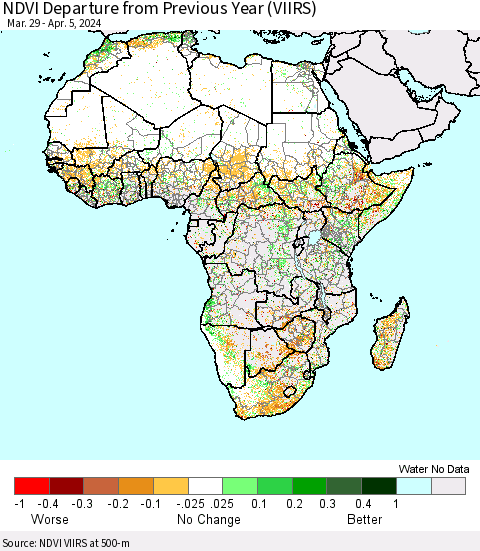 Africa NDVI Departure from Previous Year (VIIRS) Thematic Map For 3/29/2024 - 4/5/2024