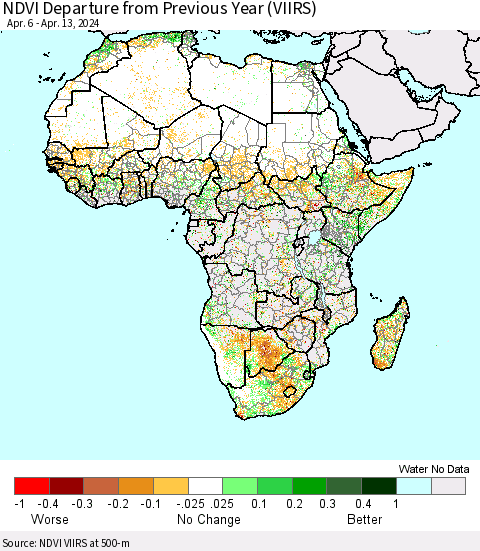 Africa NDVI Departure from Previous Year (VIIRS) Thematic Map For 4/6/2024 - 4/13/2024