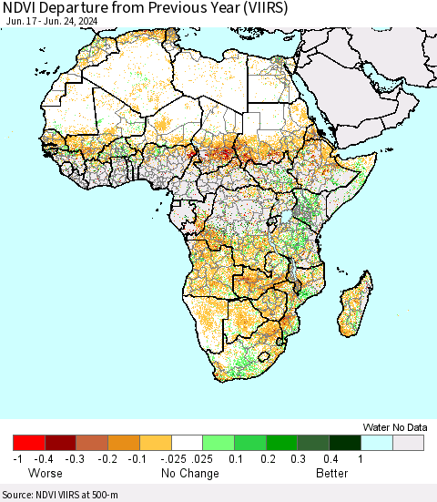 Africa NDVI Departure from Previous Year (VIIRS) Thematic Map For 6/17/2024 - 6/24/2024