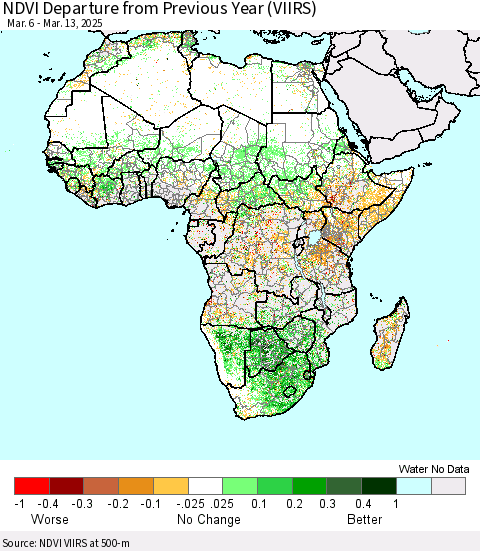 Africa NDVI Departure from Previous Year (VIIRS) Thematic Map For 3/6/2025 - 3/13/2025