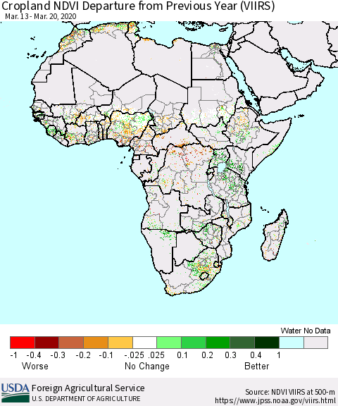 Africa Cropland NDVI Departure from Previous Year (VIIRS) Thematic Map For 3/11/2020 - 3/20/2020