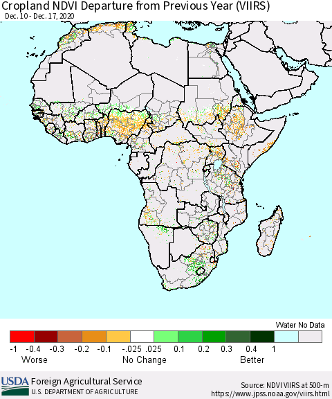 Africa Cropland NDVI Departure from Previous Year (VIIRS) Thematic Map For 12/11/2020 - 12/20/2020