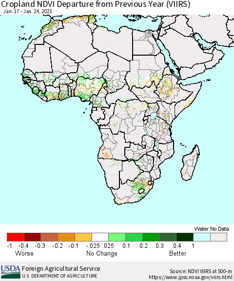 Africa Cropland NDVI Departure from Previous Year (VIIRS) Thematic Map For 1/21/2021 - 1/31/2021