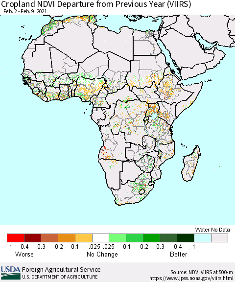 Africa Cropland NDVI Departure from Previous Year (VIIRS) Thematic Map For 2/1/2021 - 2/10/2021