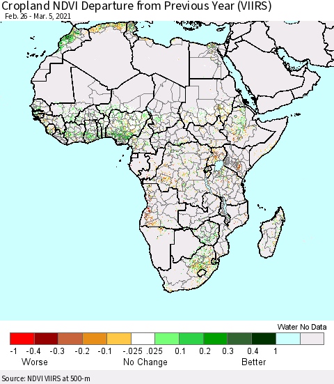 Africa Cropland NDVI Departure from Previous Year (VIIRS) Thematic Map For 2/26/2021 - 3/5/2021