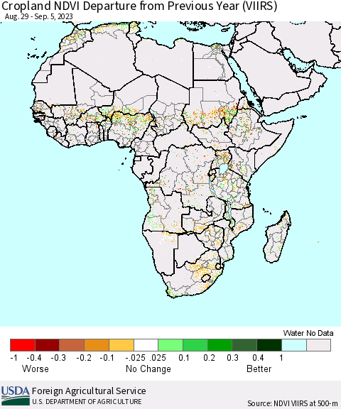 Africa Cropland NDVI Departure from Previous Year (VIIRS) Thematic Map For 9/1/2023 - 9/10/2023