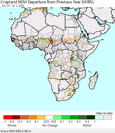 Africa Cropland NDVI Departure from Previous Year (VIIRS) Thematic Map For 6/25/2024 - 7/2/2024